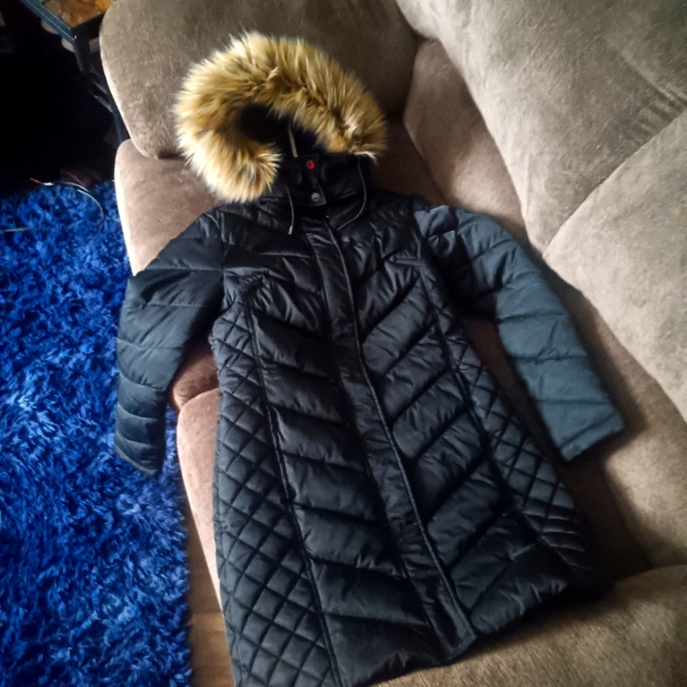 Womens black faux fur thigh long winter coat